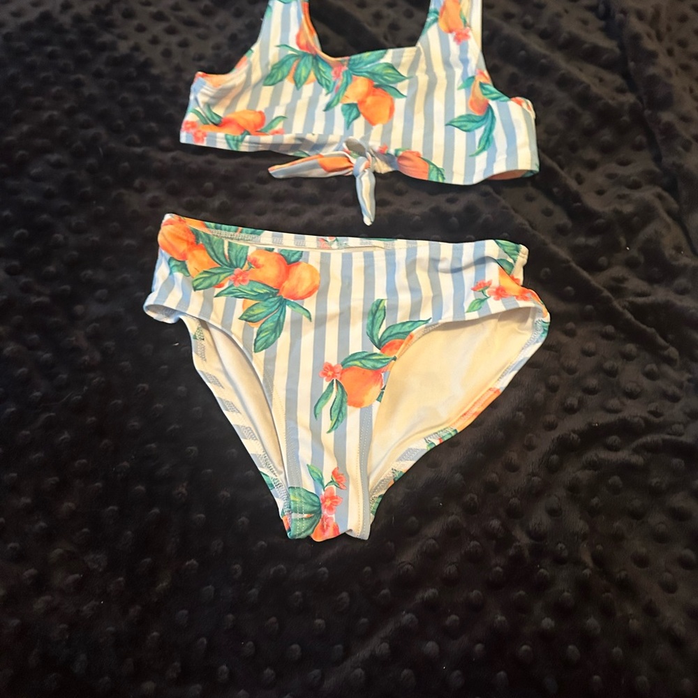 Old Navy Blue Striped Bikini with Orange Floral Accents